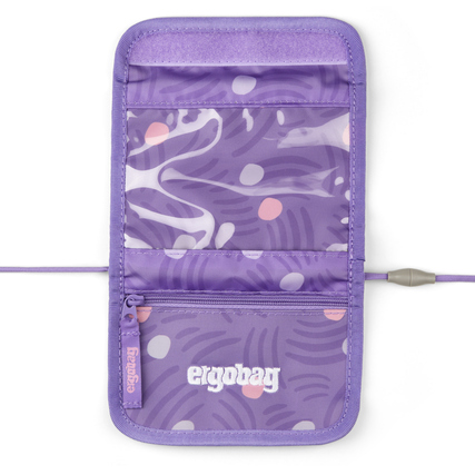 Lila Brustbeutel mit Sichtfenster und Reißverschluss, geeignet zur Aufbewahrung von Wertsachen.