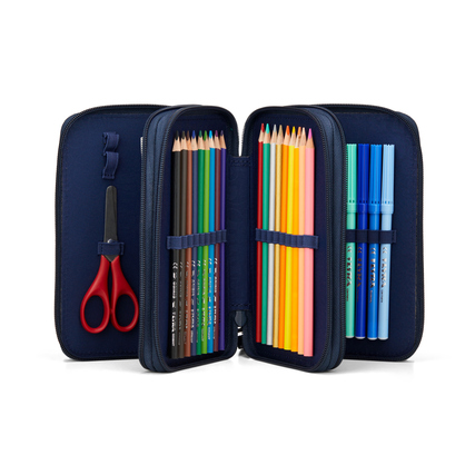 Blaues Federmäppchen mit Scheren- und Stiftefach, gefüllt mit 40 Schreib- und Bastelutensilien.