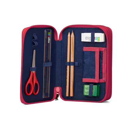 Geöffnetes Federmäppchen mit Scheren, Stiften und weiteren Schreibutensilien.