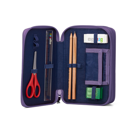 Öffentliches Federmäppchen in lila mit Scheren, Bunt- und Filzstiften im Inneren.