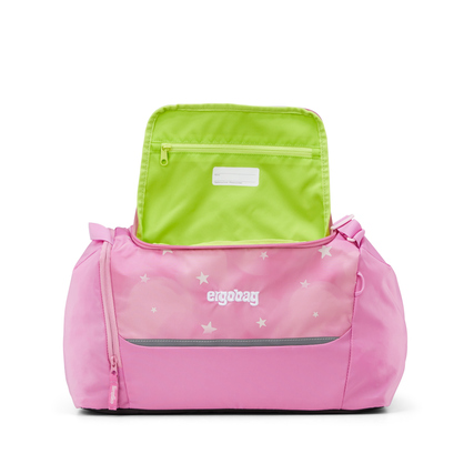 Sporttasche in Pink mit grünem Innenfach und Reflektoren, für Schule und Freizeit geeignet.