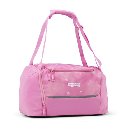 Pinkfarbene Sporttasche mit Schultergurt und separatem Schuhfach, mit weißen Sternen dekoriert.