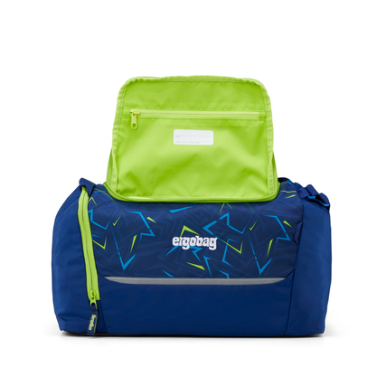 Sporttasche mit blauem und grünem Design, abgebildet in Frontansicht mit einem oberen Fach.