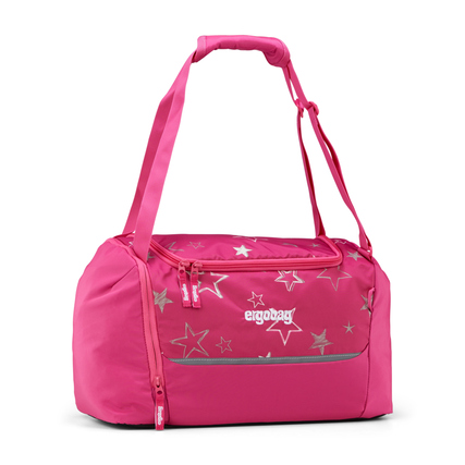 Rosa Sporttasche mit Sternenmotiv, Tragriemen und separatem Schuhfach.