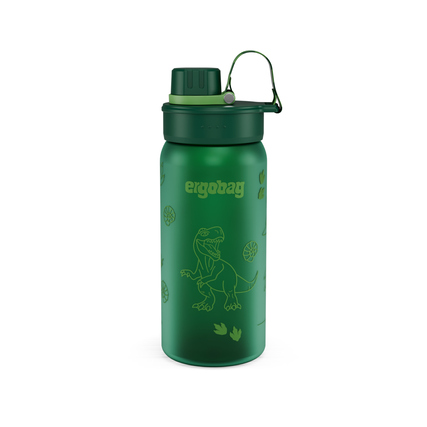 Grüne Trinkflasche mit Dinosaurier-Motiv und Klappverschluss, geeignet für Schultaschen.