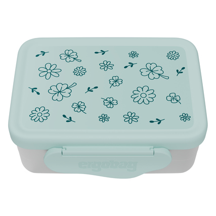 Mintgrüne Brotzeitdose mit Blumenmuster und ergonomischem Verschluss.