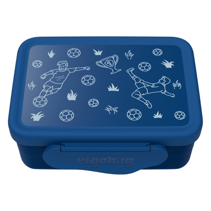 Blaue Brotzeitdose mit Fußballmotiven und einem Pokal, geeignet für Schule und Freizeit.