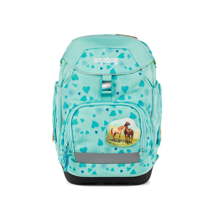 Türkisfarbener Schulranzen mit Herzmuster und Pferdemotiv auf der Fronttasche.