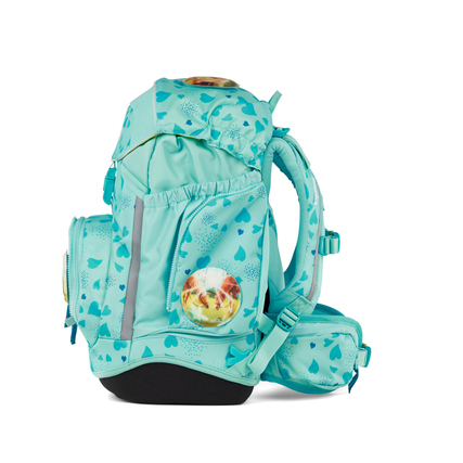 Ergonomischer Schulranzen in Mintgrün mit buntem Design und seitlichem Gepäckfach.