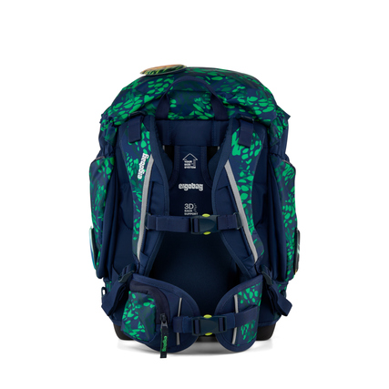 Schulranzen in dunklem Blau mit grünem Pflanzenmuster, Sicht auf die Rückseite und Tragesystem.