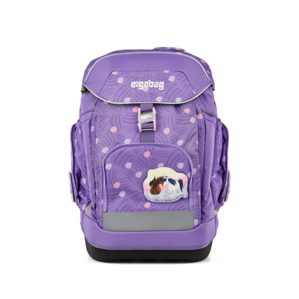 Lila Schulranzen mit Pony-Motiv und reflektierenden Elementen, Fronttasche und stabiler Bodenwanne.