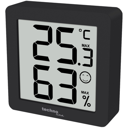 Schwarzes digitales Thermometer mit Temperatur- und Luftfeuchtigkeitsanzeige.