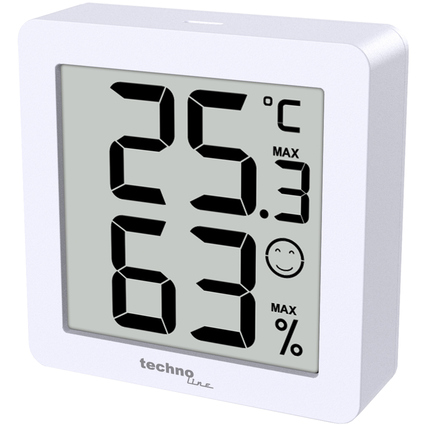 Weißes Thermometer mit digitaler Temperatur- und Luftfeuchtigkeitsanzeige.