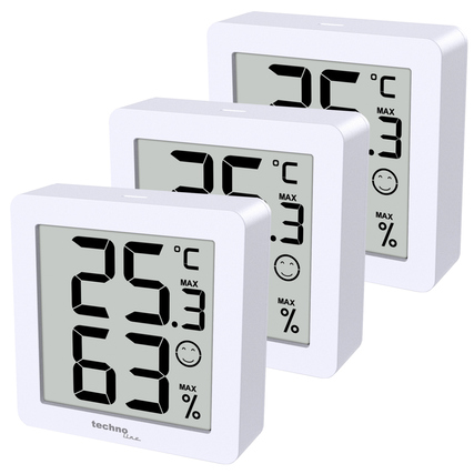 Drei weiße digitale Thermometer mit großen, gut lesbaren Displays und Raumkomfortanzeige.