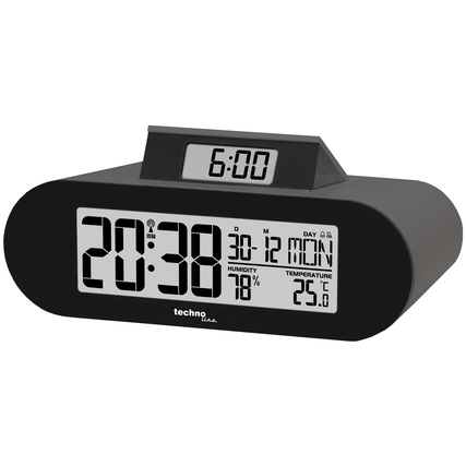Funkgesteuerter Wecker mit digitaler Anzeige, Schlummerfunktion und Temperaturanzeige.
