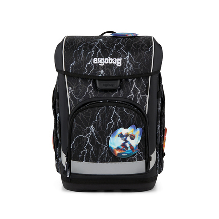Schulranzen in Schwarz mit Blitzmuster und seitlicher Tasche, frontal abgebildet.