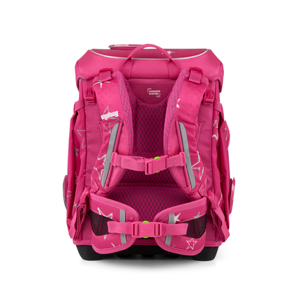 Rosa Schulranzen mit Sternen-Muster und gepolstertem Rücken in Frontalansicht.