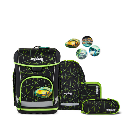 Schulranzen Set mit Ranzen, Sportbeutel und Federmäppchen in grün-schwarzem Design.