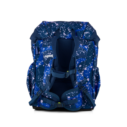 Rucksack in blauem Design mit ergonomischen Gurten und zwei seitlichen Taschen.