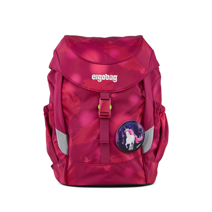 Rosa Kindergartenrucksack mit seitlichen Taschen und personalisierbarem Klettie.