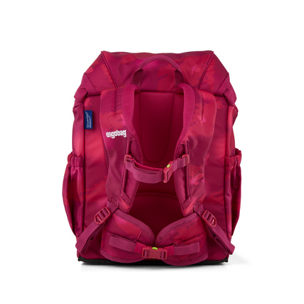 Rucksack in pinker Farbe mit gepolsterten Tragegurten und seitlichen Taschen, Rückansicht.