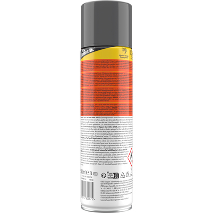 Rückansicht einer Sprühdose mit Textilreiniger und Produktinformationen auf der Verpackung.