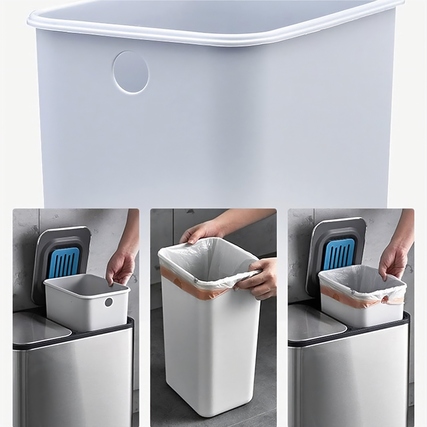 Design-Abfalleimer mit zwei Kammern und Müllbeutel im Inneren für einfache Mülltrennung.