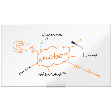Widescreen-Whiteboard mit Grafik und Text in orange auf einer weißen Oberfläche.