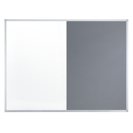 Zwei in eins Multifunktionstafel mit einer weißen und einer grauen Fläche in einem Rahmen.