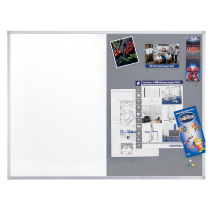 Multifunktionstafel mit einer Fläche zum Anheften und einer weißen Schreibfläche, grau.