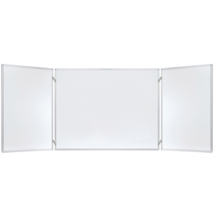 Klapptafel mit zwei seitlichen Faltungen und einer großen, weißen Schreibfläche in der Mitte.