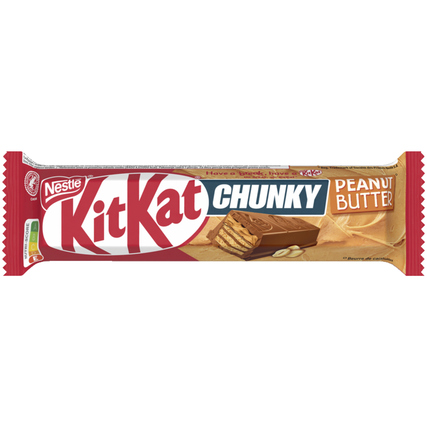 Schokoriegel mit Erdnusscreme in einer Verpackung mit dem Aufdruck "KitKat Chunky Peanut Butter".