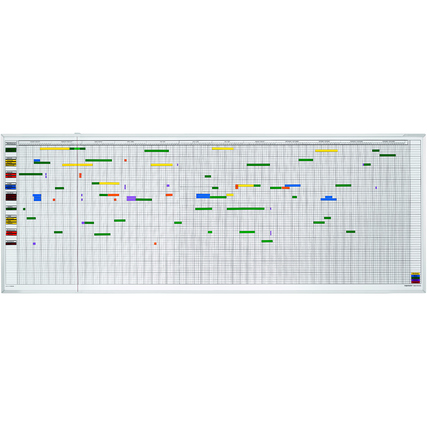 Magnetoplan Urlaubsübersicht in Grau mit bunten Markierungen auf einer weißen Tafel.