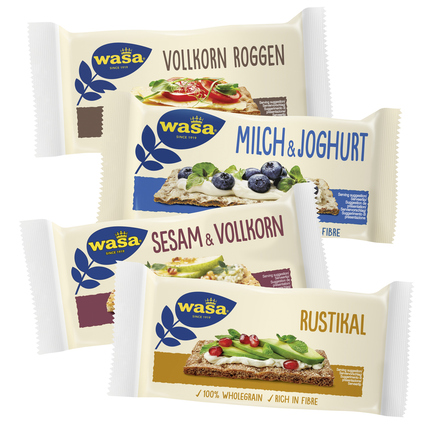 Mixed variety of Wasa Knäckebrot packages featuring four different flavors on a white background.