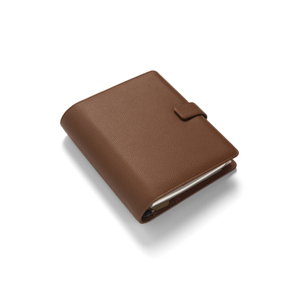 Brauner DIN A5 Organiser mit Kunstlederüberzug und Druckknopfverschluss.