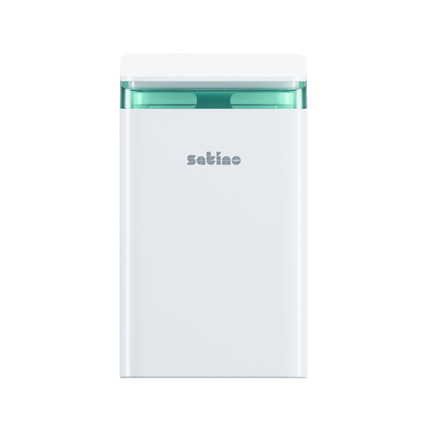 Weißer Abfalleimer aus ABS Kunststoff mit grüner Klappe und modernem Design.