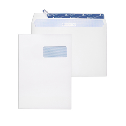 Weiße Versandtasche mit blauer Innenseite und Sichtfenster auf der Vorderseite.