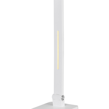 Tischleuchte in Weiß mit schlankem Design und flexibel neigbarem Leuchtenkopf.