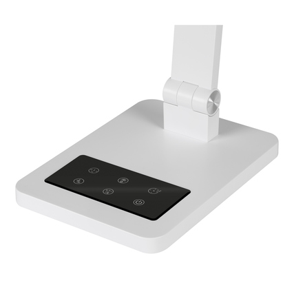 Tischleuchte Hansa Tide in Weiß mit flexiblem Arm und Bedienelementen am Sockel.