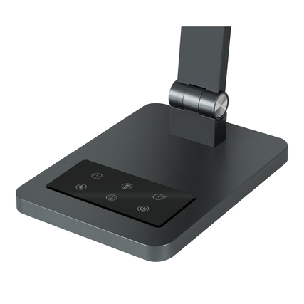 Tischleuchte in metallgrau mit flexiblem Arm und Touch-Bedienelementen.