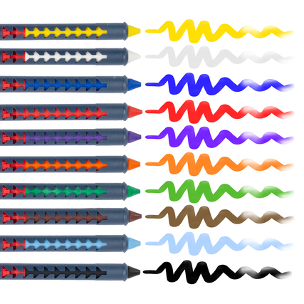 Wachsmalstifte in verschiedenen Farben mit Schiebehülsen auf einer geraden Linie angeordnet.