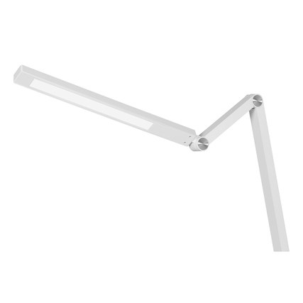 Minimalistische Tischleuchte mit schlankem, doppelgelenkigem Arm und flachem Leuchtenkopf, weiß.