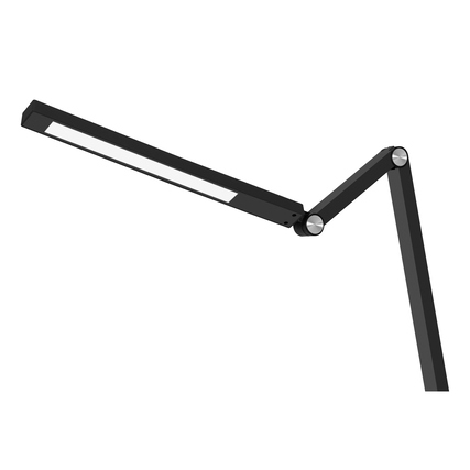 Schwarze, moderne Tischleuchte mit einem schlanken, beweglichen Arm und flachem Leuchtenkopf.