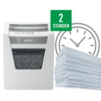 Aktenvernichter in Weiß mit Sichtfenster und Hinweis zur Dauerbetriebszeit von 2 Stunden.