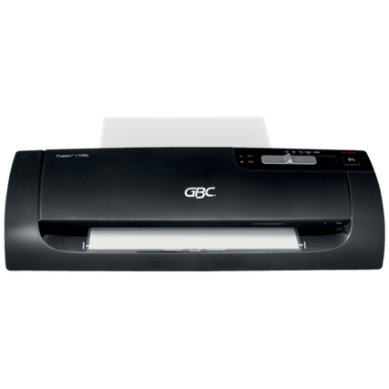 Schwarzes Laminiergerät mit Foliendicken-Schieber und Betriebsanzeigen von oben gesehen.