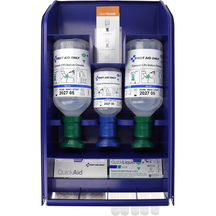 FIRST AID ONLY Augenspülstation QuickSafe Basic 2 x Augenspülflasche 500 ml Kochsalzlösung (0,9%), 1 x Augenspülflasche 200 ml Phosphatpufferlösung (4,9%), 5 x Augenspüllösung QuickLiquid 20 ml, 1 x QuickAid elastische Pflaster (45 Stück), 1x Broschüre