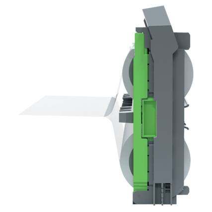 Seitenansicht einer nachfüllbaren Folienkassette mit einer weißen Folie und grünen Elementen.