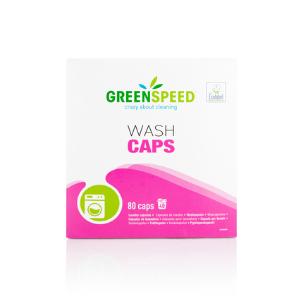 Weiße Verpackung mit rosa und grünen Elementen, die Waschmittelkapseln zeigt.