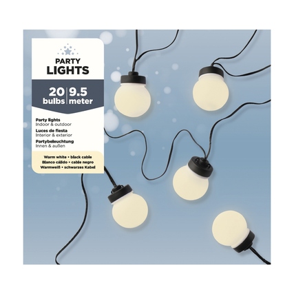 Lichterkette mit weißen Lampen und schwarzem Kabel auf blauem Hintergrund, 9,5 m lang.