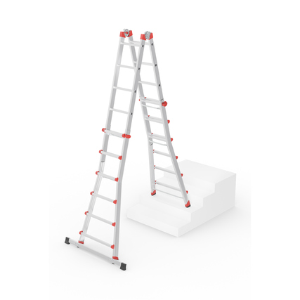 Multifunktionsleiter in einer Treppenposition, drei Sprossen auf einer Plattform sichtbar.